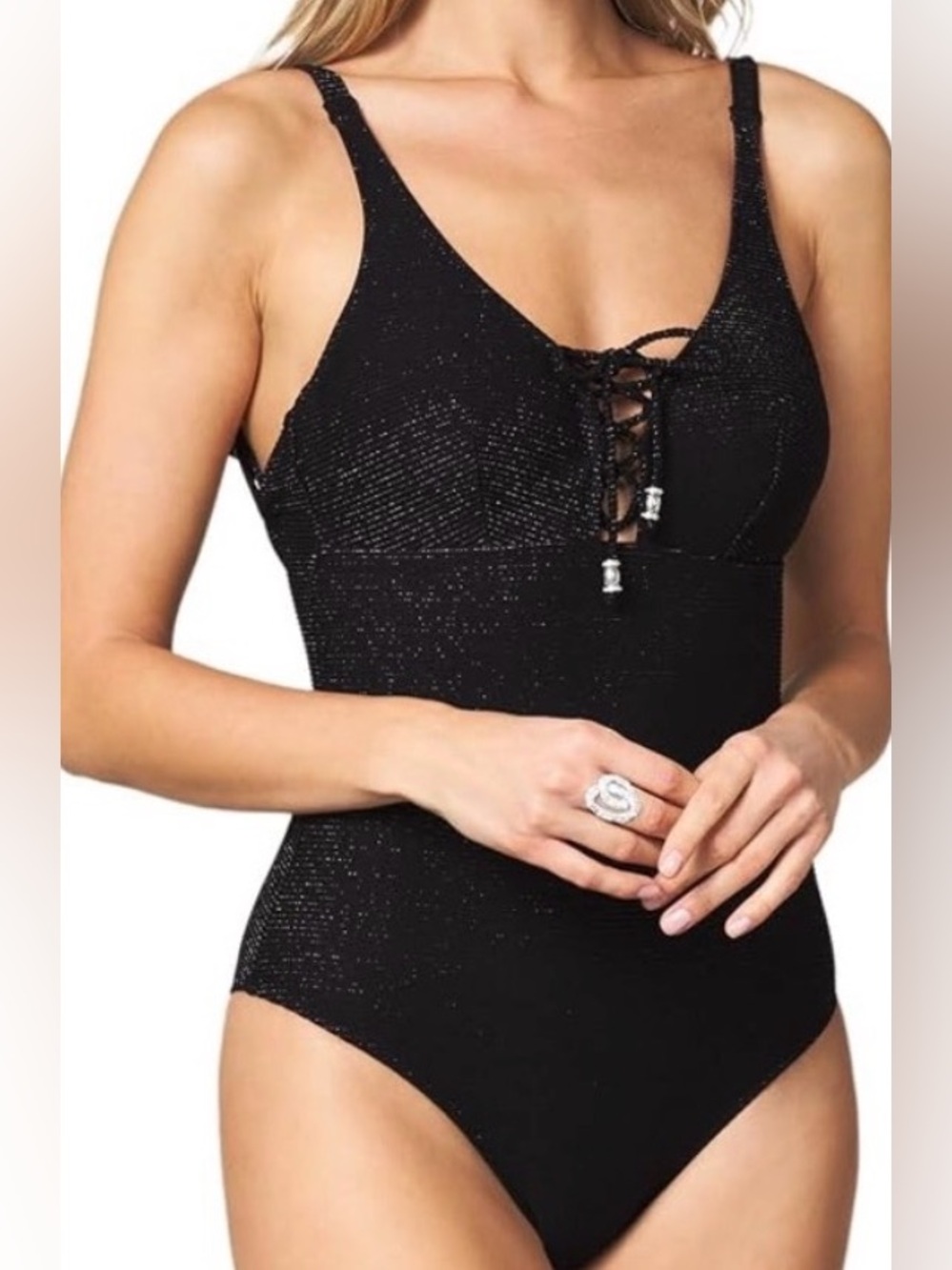 NEW Goldenpoint XL One-Piece Silver and Black Lame Tie Front Swimsuit adjustable